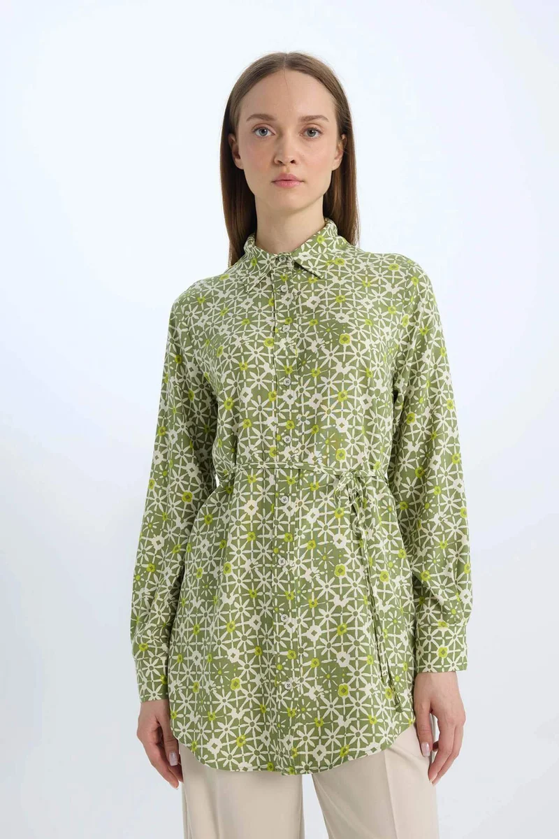 Defacto Regular Fit Shirt Collar Printed Long Sleeve Tunic