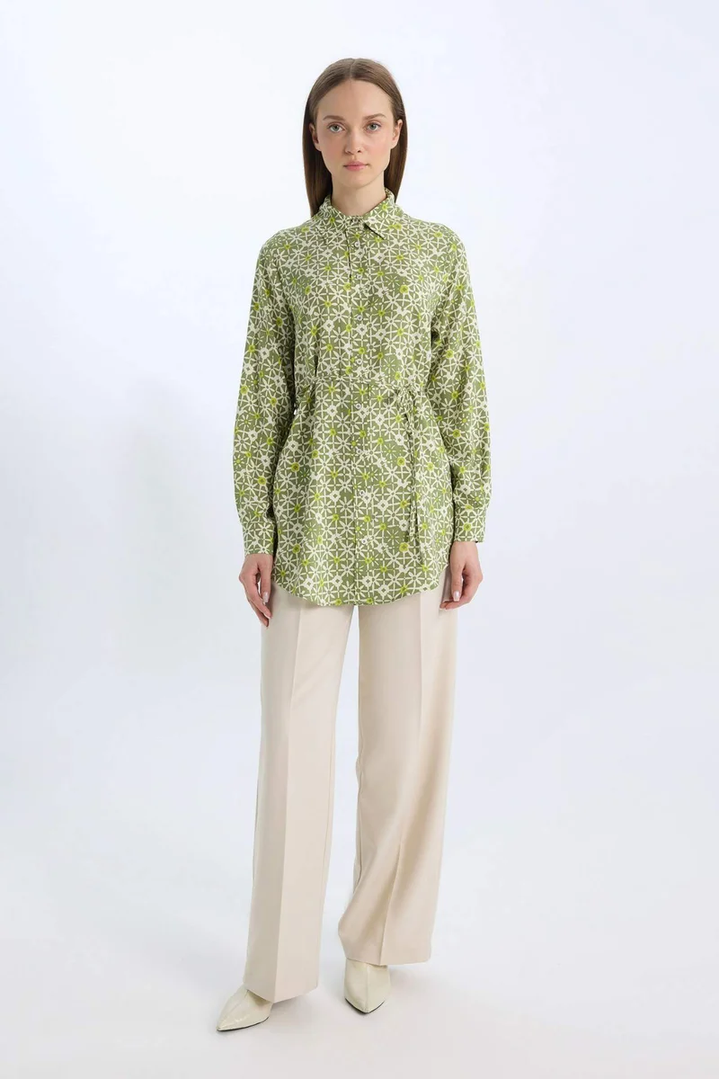 Defacto Regular Fit Shirt Collar Printed Long Sleeve Tunic