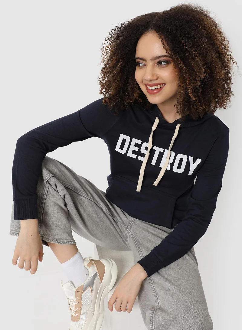 Campus Sutra Women's Navy Blue Destroy Print Pullover Hoodie