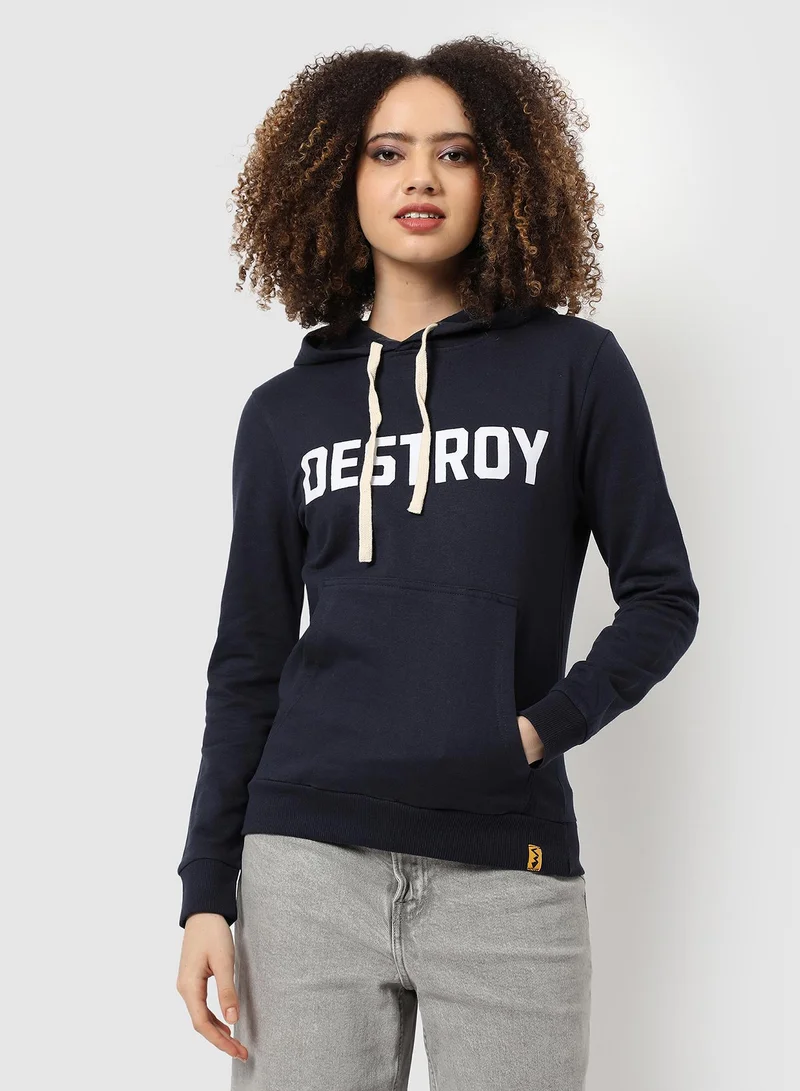 Campus Sutra Women's Navy Blue Destroy Print Pullover Hoodie