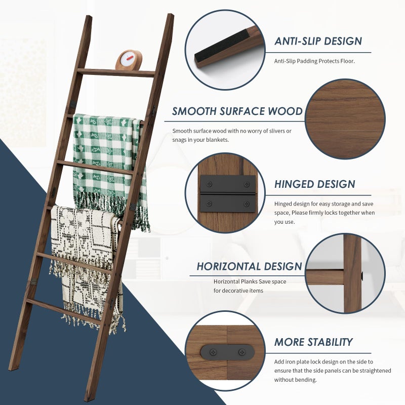 Delywh Acacia Wood 6-Tier Blanket Ladder, 5.7FT(66.5'') Blanket Quilt Towel Holder Rack Decorative Ladder Wooden, Easy Assembly, Rustic Farmhouse Ladder Shelf for the Living Room Bedroom Bathroom Home Decor - Image 2