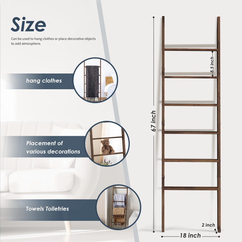 Delywh Acacia Wood 6-Tier Blanket Ladder, 5.7FT(66.5'') Blanket Quilt Towel Holder Rack Decorative Ladder Wooden, Easy Assembly, Rustic Farmhouse Ladder Shelf for the Living Room Bedroom Bathroom Home Decor - Image 4