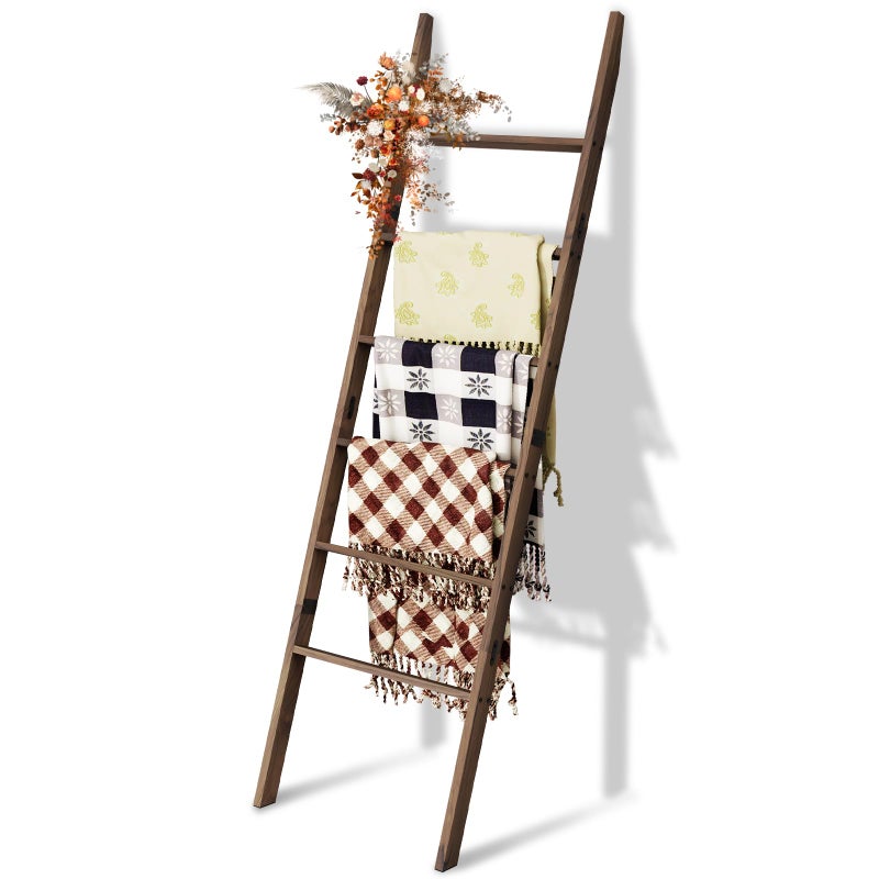 Delywh Acacia Wood 6-Tier Blanket Ladder, 5.7FT(66.5'') Blanket Quilt Towel Holder Rack Decorative Ladder Wooden, Easy Assembly, Rustic Farmhouse Ladder Shelf for the Living Room Bedroom Bathroom Home Decor - Image 1