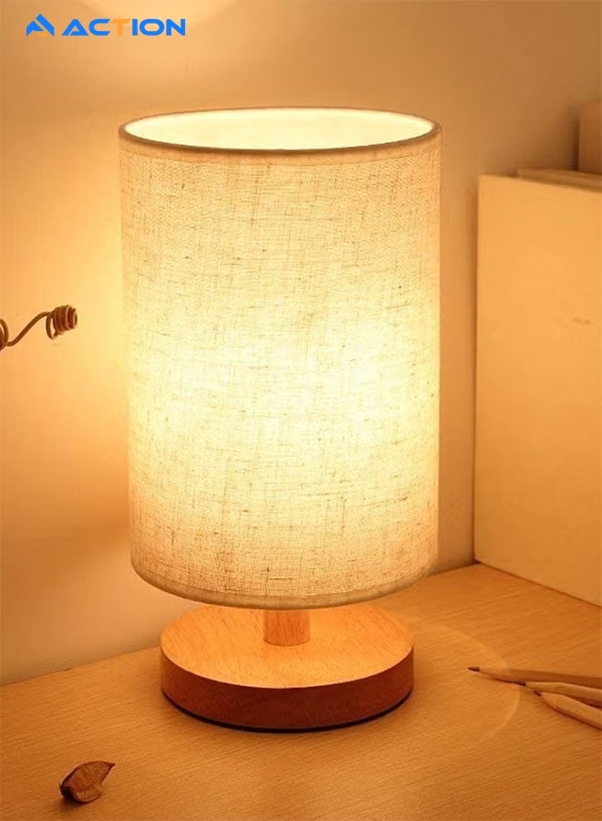 ACTION Bedside Table Lamp With USB Ports, Modern Bedside, Minimalist Solid Wood Round Base With Fabric Shade For Living Room Bedroom Office Reading Dorm - Image 1