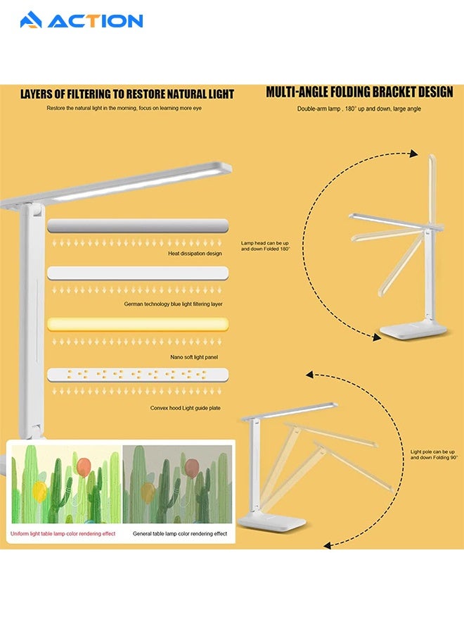 ACTION Led Desk Lamp For Home Office, 3 Levels Dimmable Desk Light With Usb Charging Port, Small Study Lamp, Reading Light For Table, White - Image 2