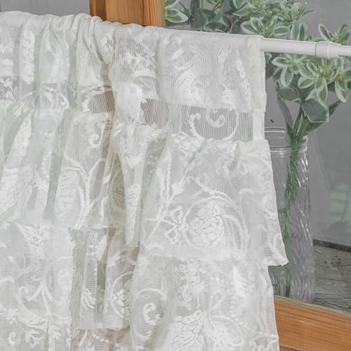 TUDECO Lace Valance for Windows 1 Panel - Vintage Ivory Ruffle Floral Kitchen Window Curtains Over Sink, Crochet Rustic Short Lace Valance for Nursery Laundry Closet Decor, 52 x 18 Inch, Cream - Image 2