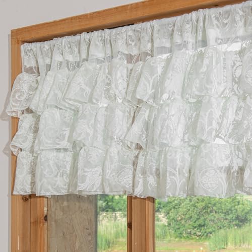TUDECO Lace Valance for Windows 1 Panel - Vintage Ivory Ruffle Floral Kitchen Window Curtains Over Sink, Crochet Rustic Short Lace Valance for Nursery Laundry Closet Decor, 52 x 18 Inch, Cream - Image 1