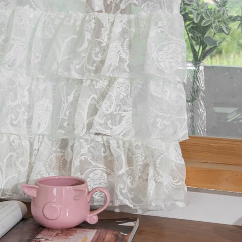 TUDECO Lace Valance for Windows 1 Panel - Vintage Ivory Ruffle Floral Kitchen Window Curtains Over Sink, Crochet Rustic Short Lace Valance for Nursery Laundry Closet Decor, 52 x 18 Inch, Cream - Image 4