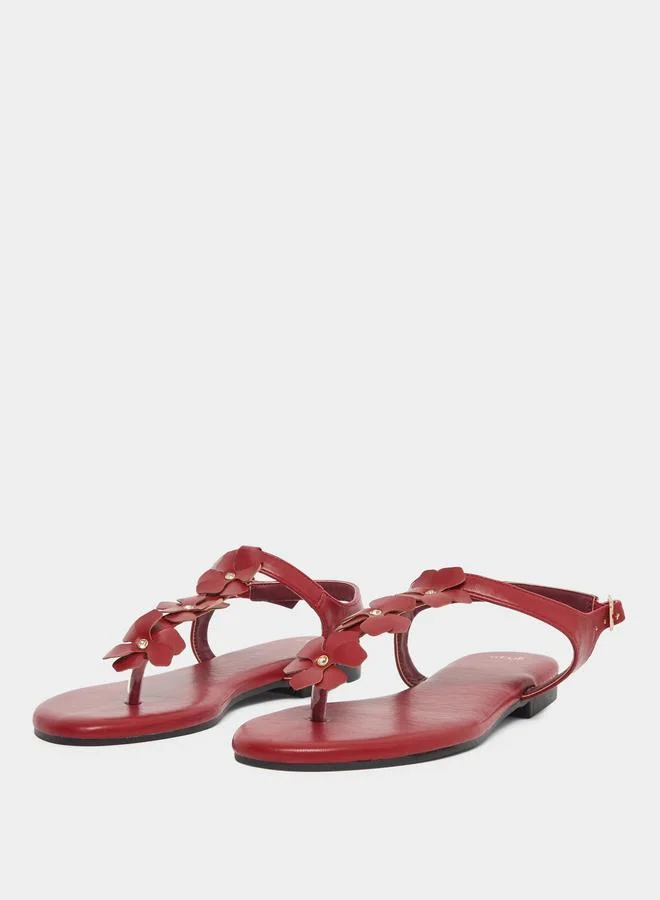 Styli Styli Burgundy Flower Detail Flat Sandals