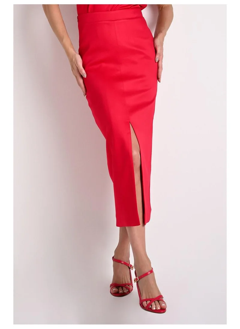 Red Front Slit Midi Skirt