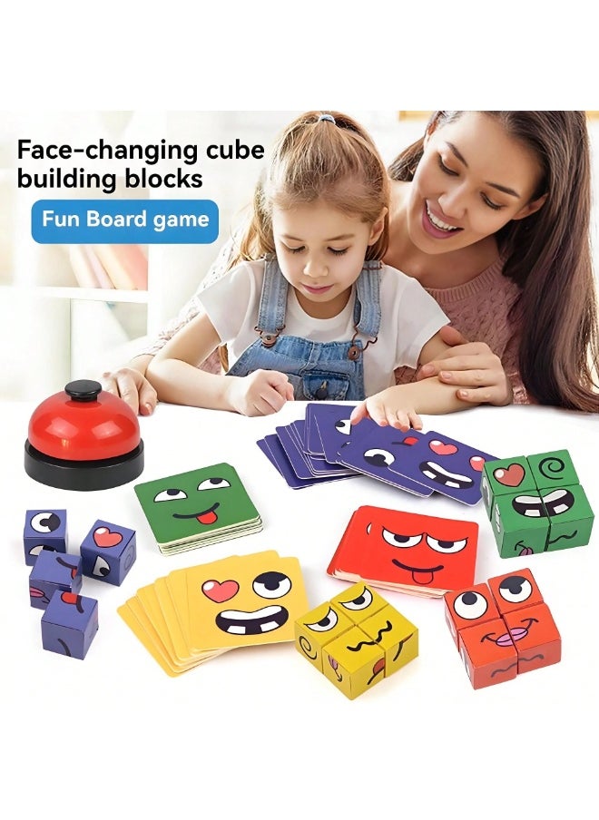 null - Face-Changing Magic Cube Game – 16 Wooden Expression Blocks with 64 Challenge Cards & Bell | Educational Puzzle Toy for Kids & Adults, Enhances Reaction, Observation & Family Fun, Ideal for Parent-Child Game Nights - Image 1