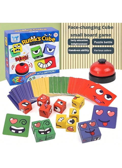 Face-Changing Magic Cube Game – 16 Wooden Expression Blocks with 64 Challenge Cards & Bell | Educational Puzzle Toy for Kids & Adults, Enhances Reaction, Observation & Family Fun, Ideal for Parent-Child Game Nights