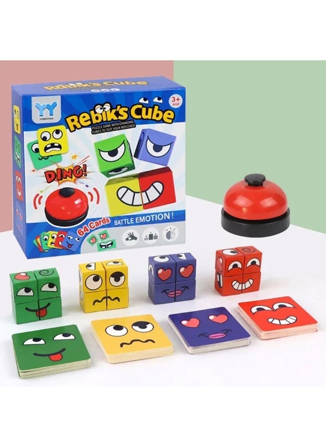 null - Face-Changing Magic Cube Game – 16 Wooden Expression Blocks with 64 Challenge Cards & Bell | Educational Puzzle Toy for Kids & Adults, Enhances Reaction, Observation & Family Fun, Ideal for Parent-Child Game Nights - Image 1