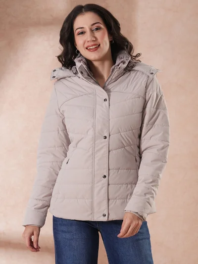 جلو باص Women Hooded Solid Casual Puffer Jacket