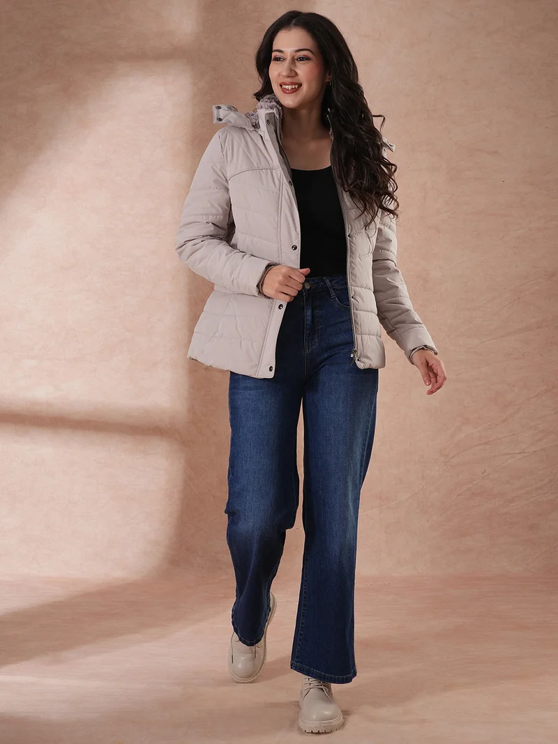 جلو باص Women Hooded Solid Casual Puffer Jacket
