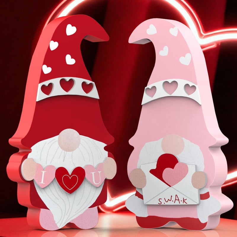 OLANRUN Valentines Day Decorations, 2 PCS 6.9'' Wooden Gnomes Valentines Day Decor, Romantic Valentines Decorations for Home Office Bedroom Coffee Bar - Table Tiered Tray Fireplace Mantel (Red Pink) - Image 1