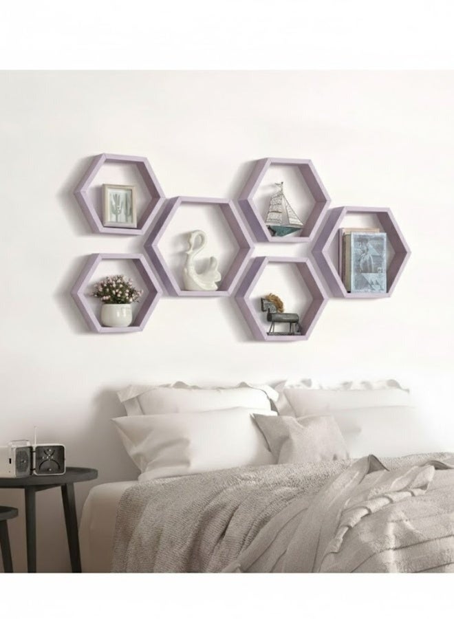 هابي هوم مجموعة من 6 رفوف حائطية سداسية الشكل بتصميم خلية النحل العصري – أرفف ديكور أنيقة لتزيين الجدران في غرفة المعيشة والنوم والممر – منظم حائط عملي لتخزين الديكورات والعطور والنباتات الصغيرة، تركيب سهل وجودة عالية 25X25 سم- بنفسجي - Image 4
