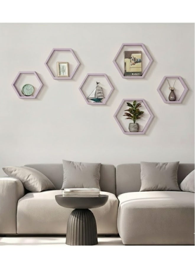 هابي هوم مجموعة من 6 رفوف حائطية سداسية الشكل بتصميم خلية النحل العصري – أرفف ديكور أنيقة لتزيين الجدران في غرفة المعيشة والنوم والممر – منظم حائط عملي لتخزين الديكورات والعطور والنباتات الصغيرة، تركيب سهل وجودة عالية 25X25 سم- بنفسجي - Image 5