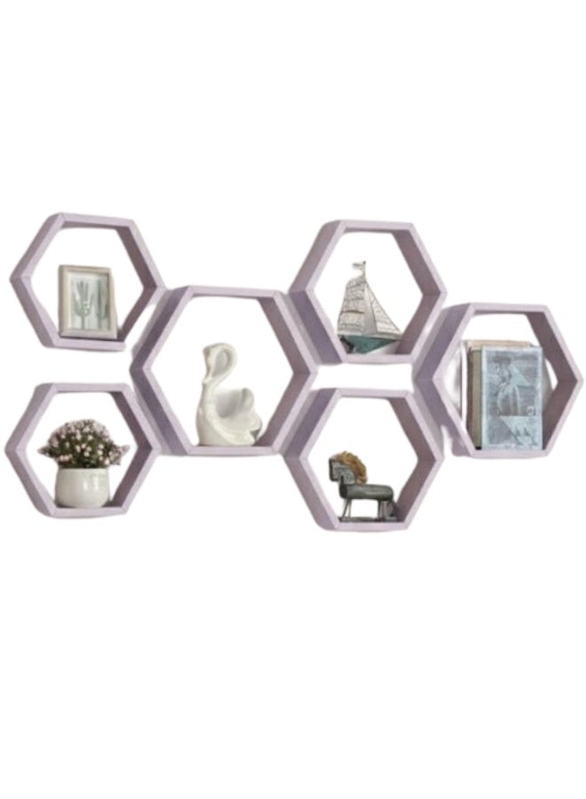 هابي هوم مجموعة من 6 رفوف حائطية سداسية الشكل بتصميم خلية النحل العصري – أرفف ديكور أنيقة لتزيين الجدران في غرفة المعيشة والنوم والممر – منظم حائط عملي لتخزين الديكورات والعطور والنباتات الصغيرة، تركيب سهل وجودة عالية 25X25 سم- بنفسجي - Image 1