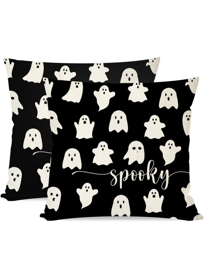 Cute Halloween Spooky Ghost Throw Pillow Covers 18x18 Set of 2,Black and White Halloween Decorations Indoor Outdoor Decorative Throw Pillows Cases for Home Living Room Bedroom Couch Decor - Image 1