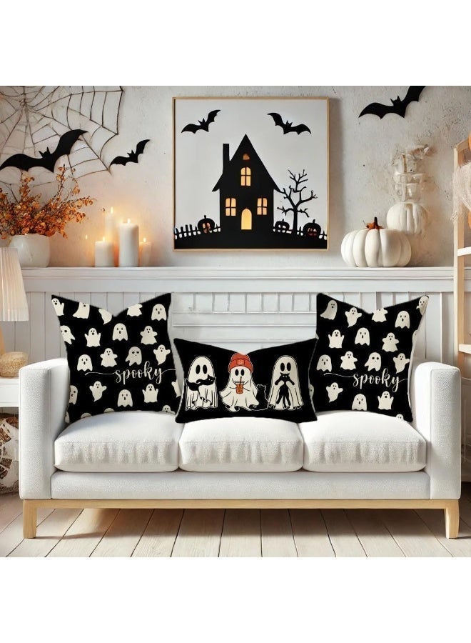 Cute Halloween Spooky Ghost Throw Pillow Covers 18x18 Set of 2,Black and White Halloween Decorations Indoor Outdoor Decorative Throw Pillows Cases for Home Living Room Bedroom Couch Decor - Image 2