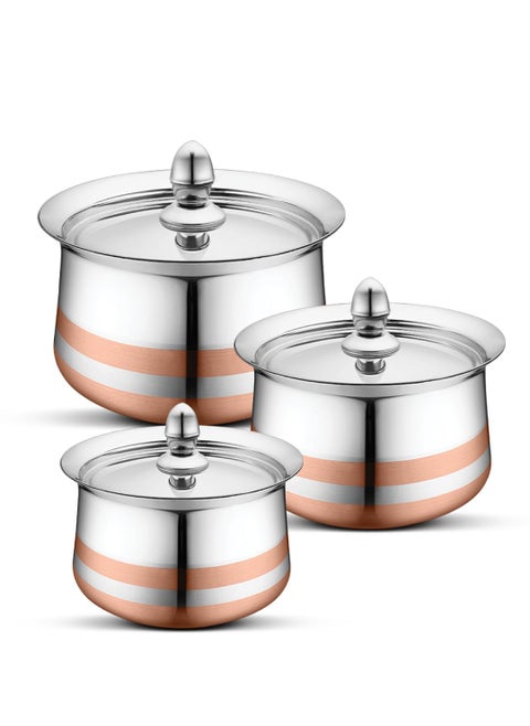Classic Essentials Stainless Steel Cook & Serve Handi Set with Lid (Set of 3) | Cookware Set | (Capacity - 900ml, 1.3L & 1.7L) (Copper Line Set of 3)
