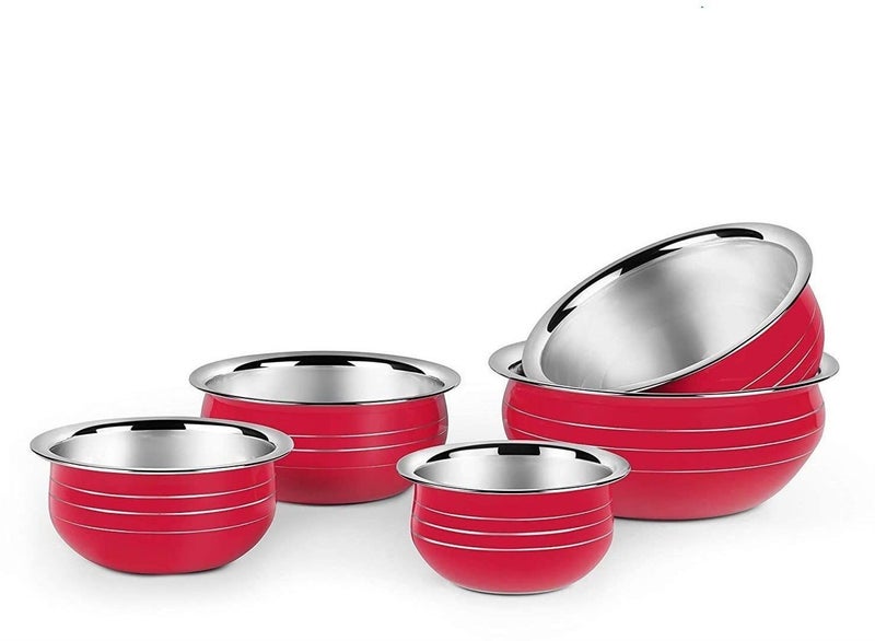 Stainless Steel Powder Coating Handi/Bowl Set Without Lid Cookware (Size: 300 ml, 550 ml, 750 ml, 1100 ml, 1500 ml) Set of 5 Pieces Red Handi  - Image 5