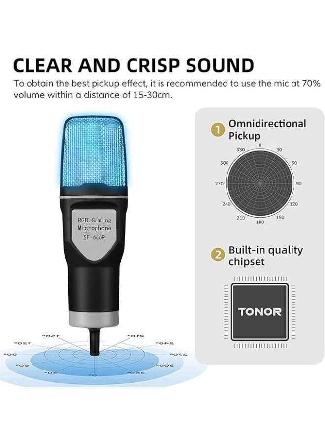 TDOO RGB USB Condenser Gaming Microphone for PC Laptop Phone Computer Microphone for Recording Streaming Podcasting with USB Adapter, Blowout guard, Tripod Stand (Black-A) - Image 3
