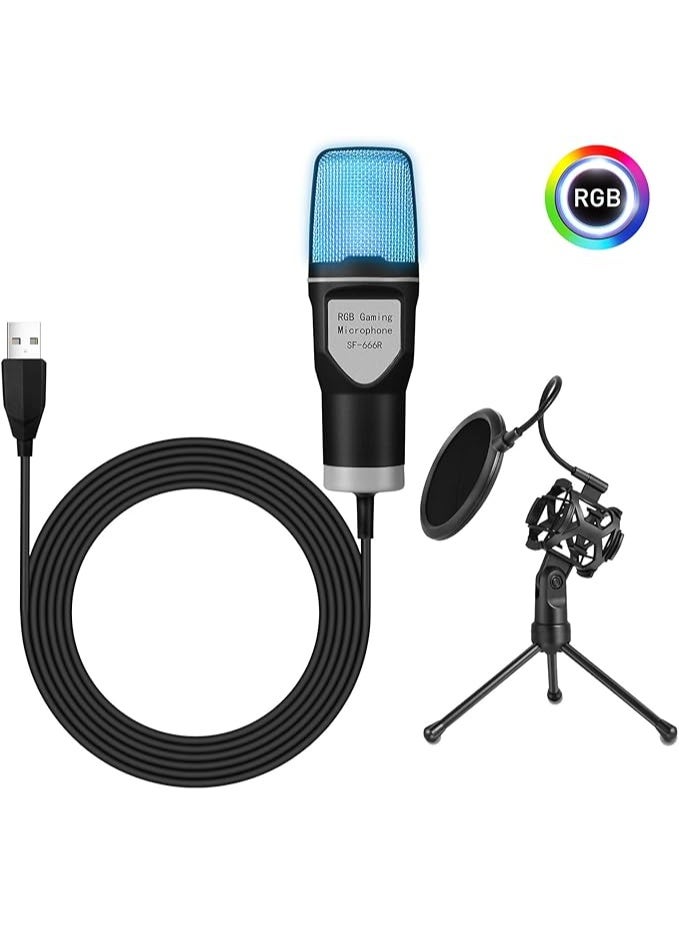 TDOO RGB USB Condenser Gaming Microphone for PC Laptop Phone Computer Microphone for Recording Streaming Podcasting with USB Adapter, Blowout guard, Tripod Stand (Black-A) - Image 2