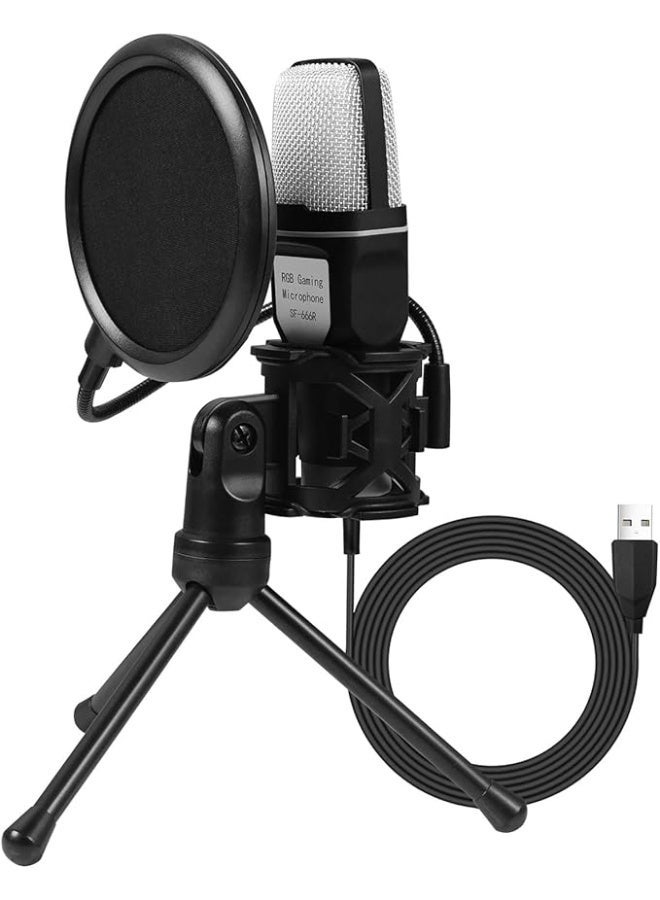 TDOO RGB USB Condenser Gaming Microphone for PC Laptop Phone Computer Microphone for Recording Streaming Podcasting with USB Adapter, Blowout guard, Tripod Stand (Black-A) - Image 1