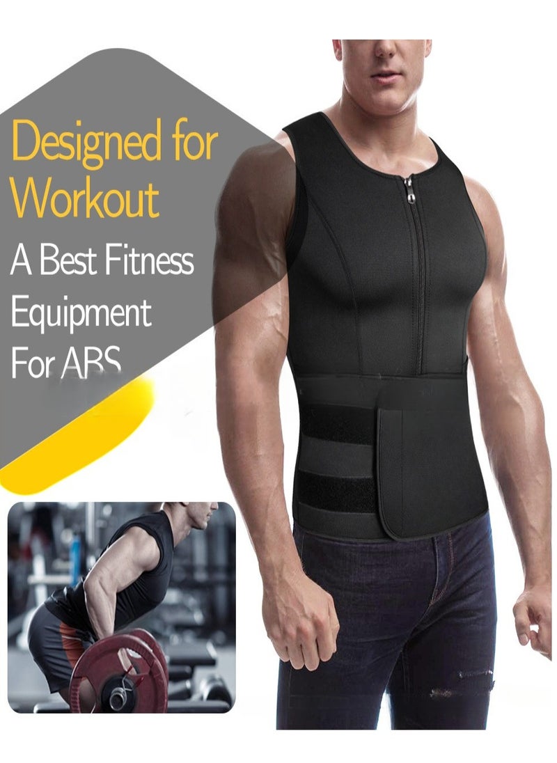 Healife - Men's Black Waist Training Vest, Zipper Vest Trimmer, Shapewear Zipper Short Sleeve, Shapewear Vest, Double Sweatband Shapewear, Belly Fat Slimming Workout, Men's Waist Trainer, Sauna Vest, Slimming Shapewear Exercise Vest, Men's Double Belt and Zipper Corset - Image 1