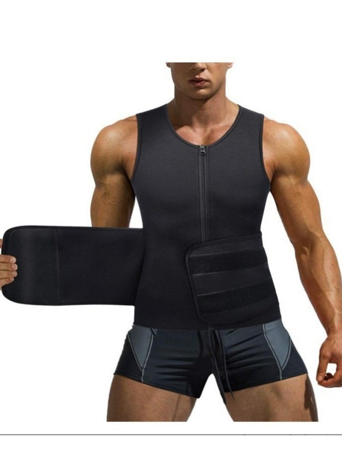Healife - Men's Black Waist Training Vest, Zipper Vest Trimmer, Shapewear Zipper Short Sleeve, Shapewear Vest, Double Sweatband Shapewear, Belly Fat Slimming Workout, Men's Waist Trainer, Sauna Vest, Slimming Shapewear Exercise Vest, Men's Double Belt and Zipper Corset - Image 1