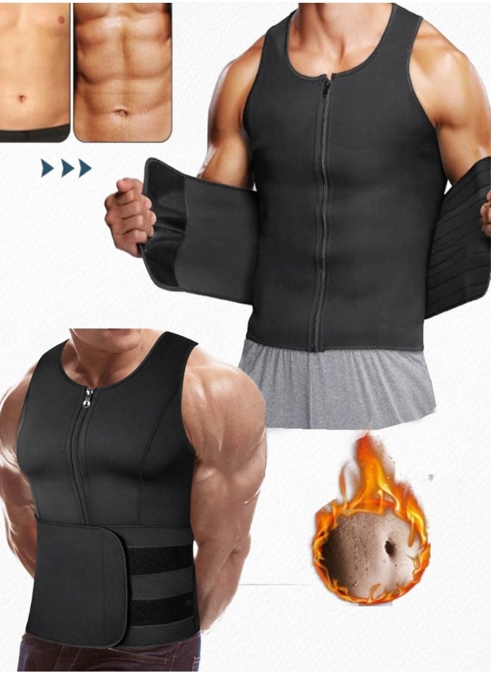 Healife - Men's Black Waist Training Vest, Zipper Vest Trimmer, Shapewear Zipper Short Sleeve, Shapewear Vest, Double Sweatband Shapewear, Belly Fat Slimming Workout, Men's Waist Trainer, Sauna Vest, Slimming Shapewear Exercise Vest, Men's Double Belt and Zipper Corset - Image 1