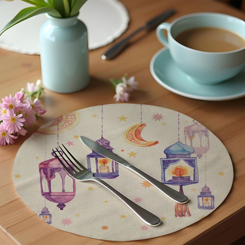 Islamic Moon Print Round Linen Placemats, Ramadan Eid Festival Table Decor Heat Resistant Mats, Durable Washable Dining Table Mats for Kitchen  Restaurant - Image 2