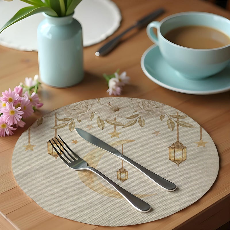 Islamic Moon Print Round Linen Placemats, Ramadan Eid Festival Table Decor Heat Resistant Mats, Durable Washable Dining Table Mats for Kitchen  Restaurant - Image 1
