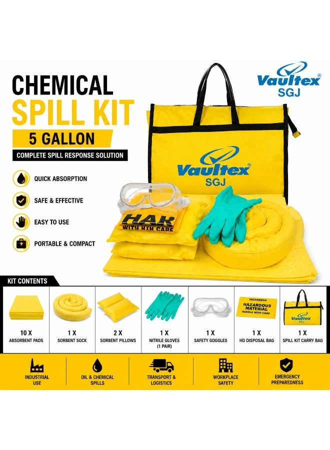 Vaultex Chemical Spill Kit 5 Gallon – Complete Emergency Spill Response Kit with Absorbent Pads, Sorbent Sock, Sorbent Pillows, Nitrile Gloves, Safety Goggles & Carry Bag - Image 1