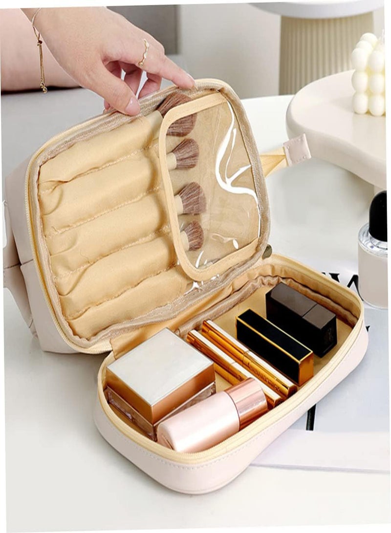 GGOOT Double Layer Cosmetic Bag PU Large Capacity Travel Makeup Bag Cosmetic Pouch with Handle and Divider Makeup Organizer for Women  - Image 2