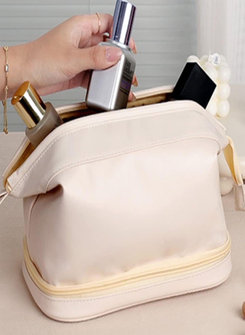 GGOOT Double Layer Cosmetic Bag PU Large Capacity Travel Makeup Bag Cosmetic Pouch with Handle and Divider Makeup Organizer for Women  - Image 4