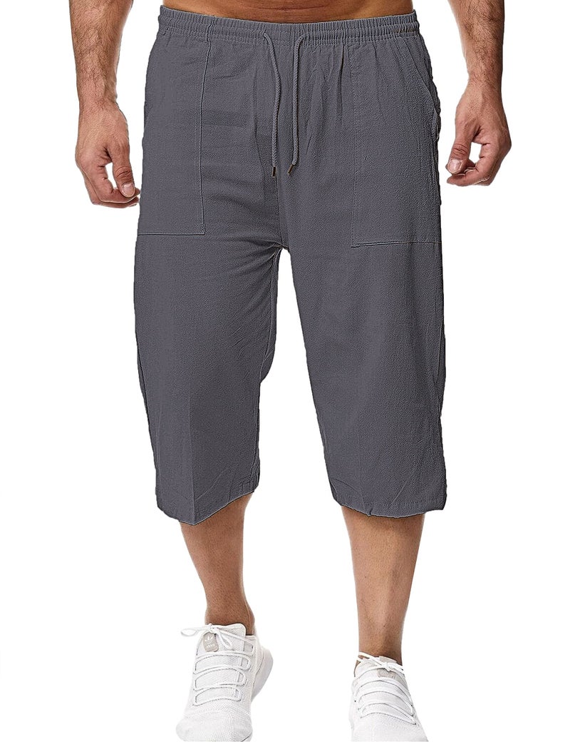 HangNiFang Men's Long Linen Shorts Below Knee Pocketed 3/4 Summer Drawstring Capri Pant(0131-DarkGrey-XXL) - Image 2
