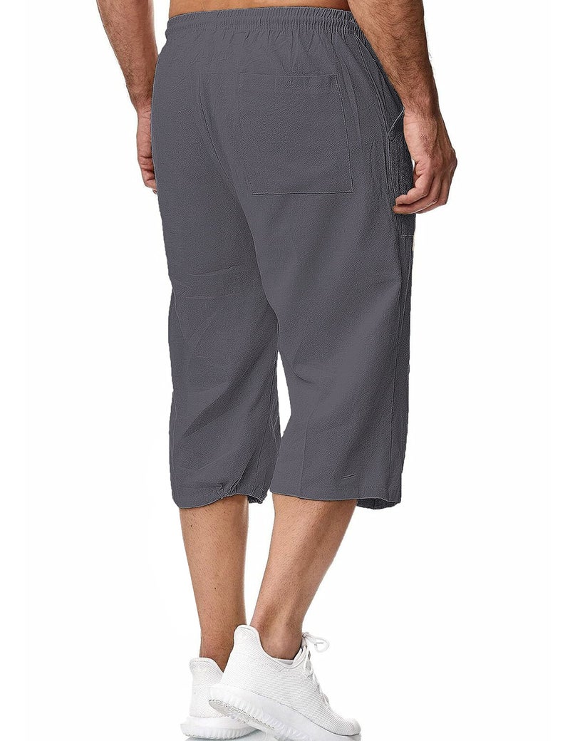 HangNiFang Men's Long Linen Shorts Below Knee Pocketed 3/4 Summer Drawstring Capri Pant(0131-DarkGrey-XXL) - Image 4