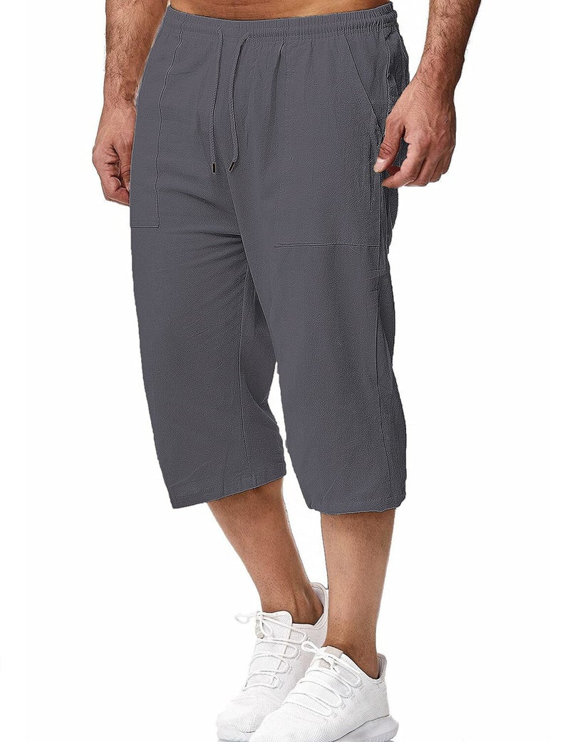 HangNiFang Men's Long Linen Shorts Below Knee Pocketed 3/4 Summer Drawstring Capri Pant(0131-DarkGrey-XXL) - Image 3