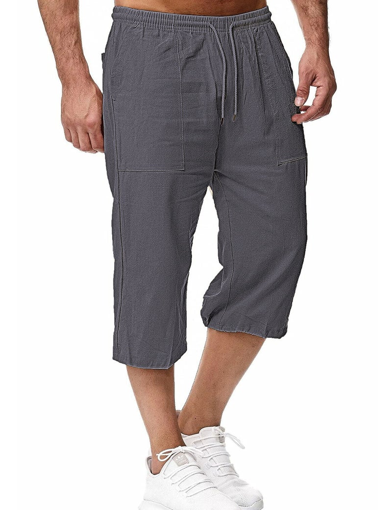 HangNiFang Men's Long Linen Shorts Below Knee Pocketed 3/4 Summer Drawstring Capri Pant(0131-DarkGrey-XXL) - Image 1