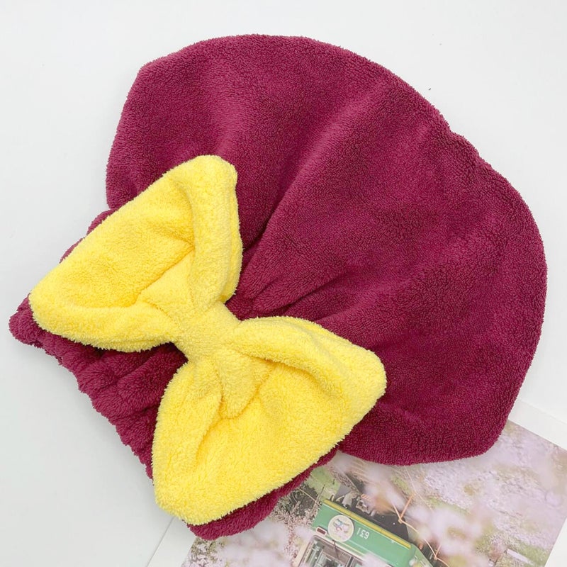 Generic Cute bow princess cap wholesale womens quick-drying absorbent bath dry hair towel coral fleece single-layer shower cap dry hair cap Burgundy hat