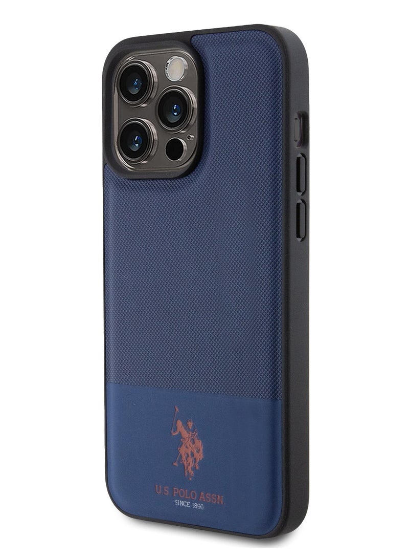 يو اس بولو جراب DH من الجلد الصناعي بنمط شبكي لهاتف iPhone 15 Pro - أزرق داكن - Image 1