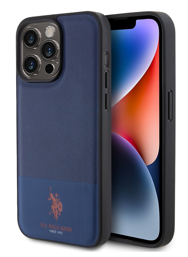 يو اس بولو جراب DH من الجلد الصناعي بنمط شبكي لهاتف iPhone 15 Pro - أزرق داكن - Image 5