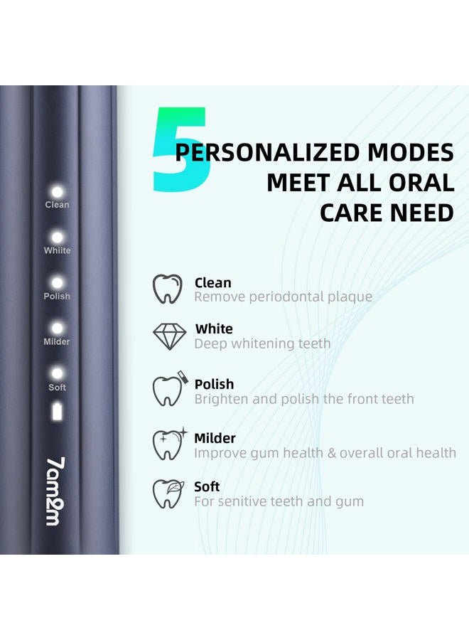 7AM2M Sonic Electric Toothbrush for Adults and Kids, with 8 Brush Heads and Travel Case,5 Modes with 2 Minutes Build in Smart Timer, One Charge Use for 90 Days, Rechargeable Toothbrushes(Navy Blue) - Image 2