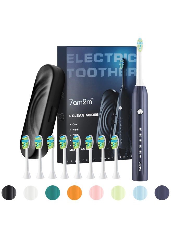 7AM2M Sonic Electric Toothbrush for Adults and Kids, with 8 Brush Heads and Travel Case,5 Modes with 2 Minutes Build in Smart Timer, One Charge Use for 90 Days, Rechargeable Toothbrushes(Navy Blue) - Image 1