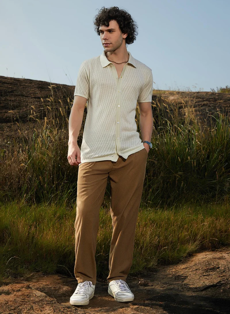 Campus Sutra Men's Off-White Rhombus-Knit Polo Shirt