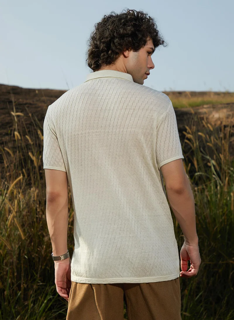 Campus Sutra Men's Off-White Rhombus-Knit Polo Shirt