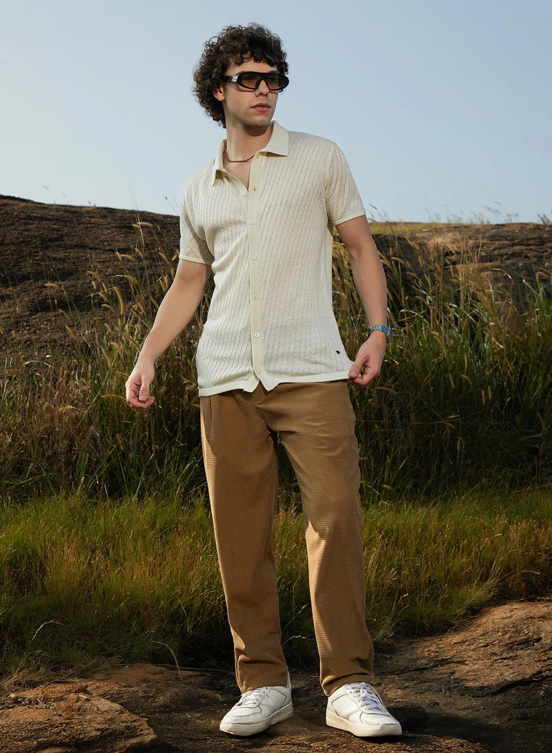 Campus Sutra Men's Off-White Rhombus-Knit Polo Shirt